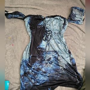 Elegant Blue and Black Off-Shoulder Dress